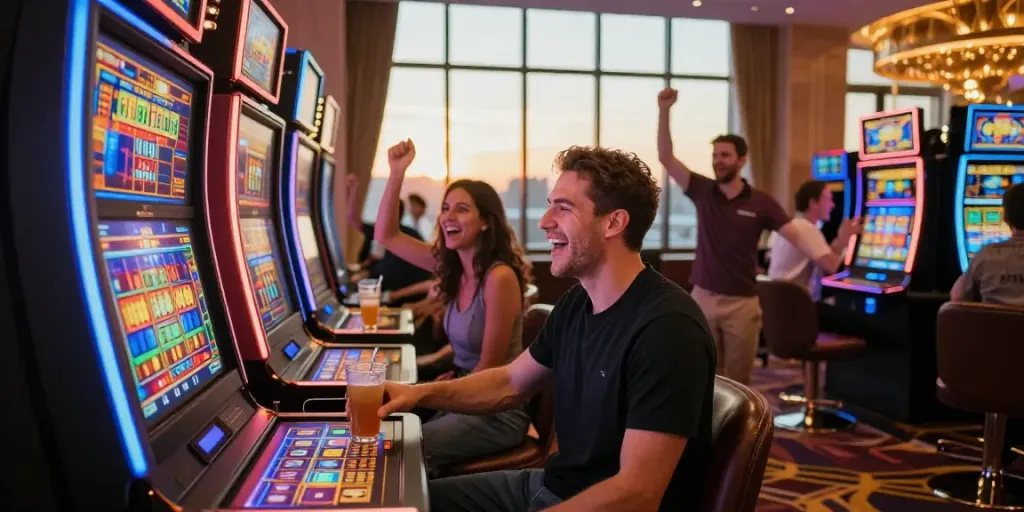 Akunjp lively slot machine gaming scene at a casino with friends celebrating.