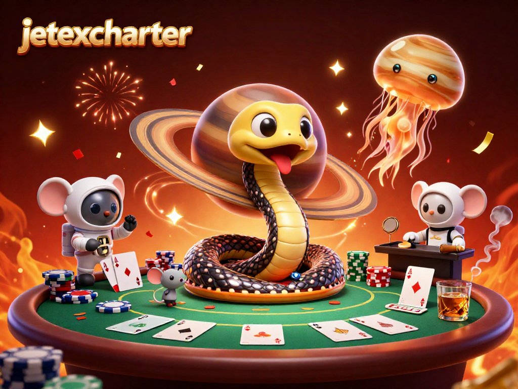 Engage with jetexcharter's thrilling cosmic casino scene featuring vibrant characters and dynamic betting.
