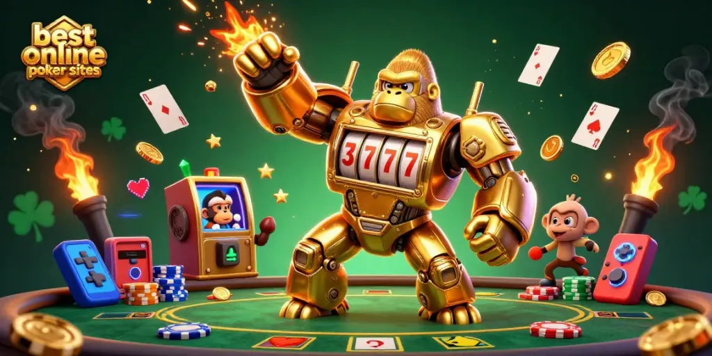 Engage in thrilling action at the best online poker sites with a golden gorilla mech surrounded by poker elements.