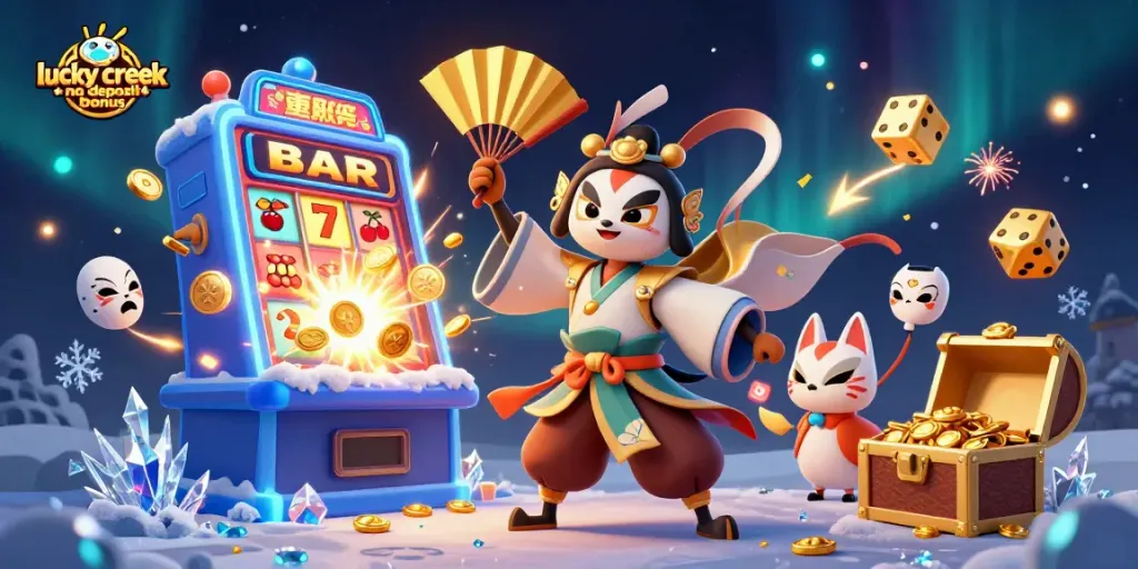 Experience the lucky creek no deposit bonus with thrilling characters amidst casino symbols and games.