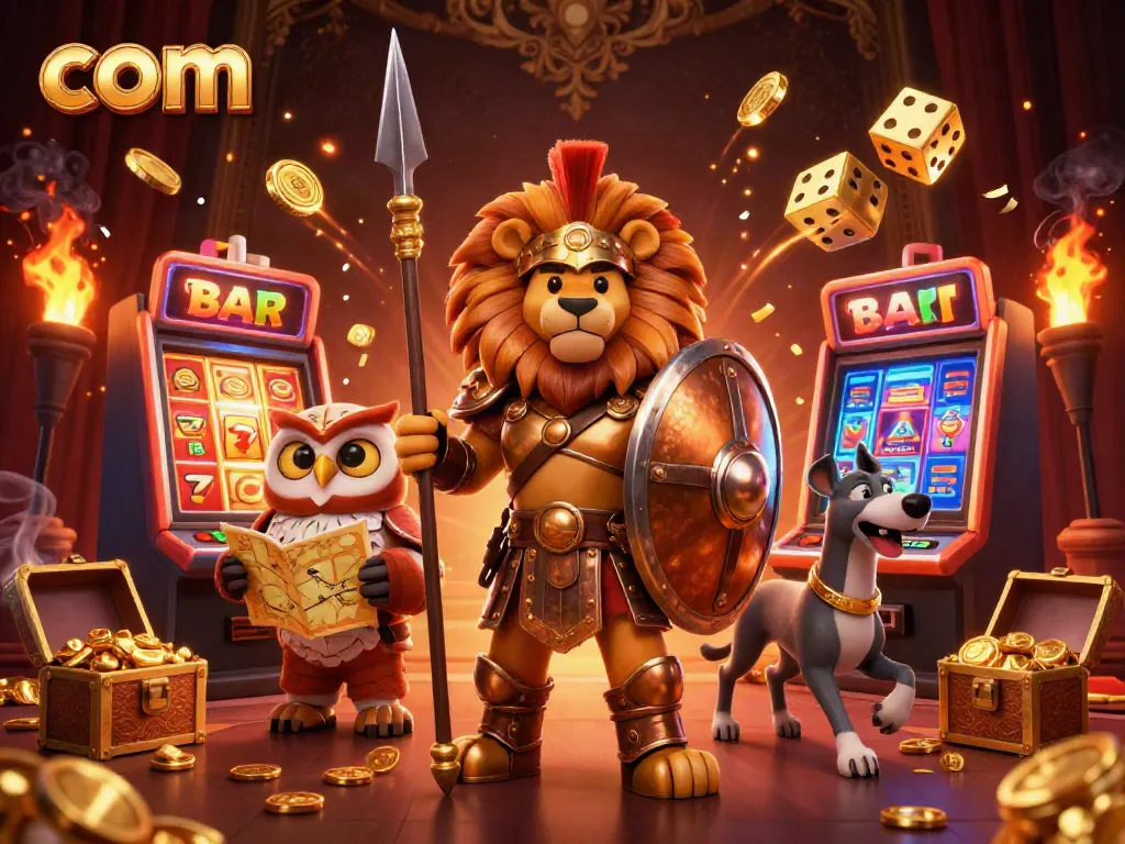 Experience the excitement of online gaming at com with a thrilling 3D illustration showcasing a Spartan lion, owl strategist, and greyhound messenger.