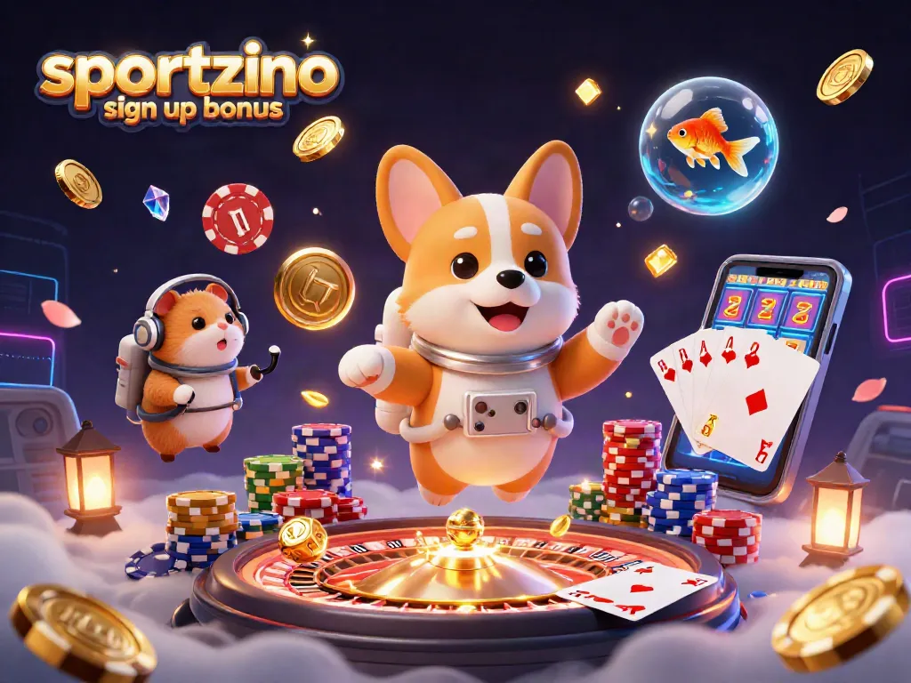 Experience the sportzino sign up bonus with engaging 3D casino illustration featuring dynamic character actions.