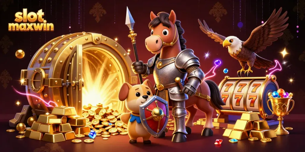 Permainan slot maxwin dengan kesatria, anjing, dan elang dikelilingi harta karun berkilauan.