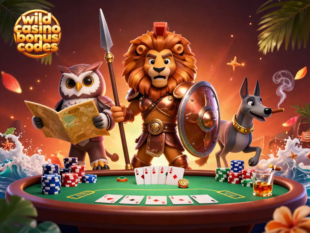 Experience wild casino bonus codes with immersive poker-themed illustration featuring casino characters and gaming elements.