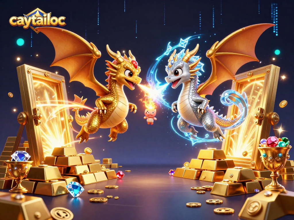 Caytailoc slot game features vibrant dragons intertwined amid treasures bursting from a vault.