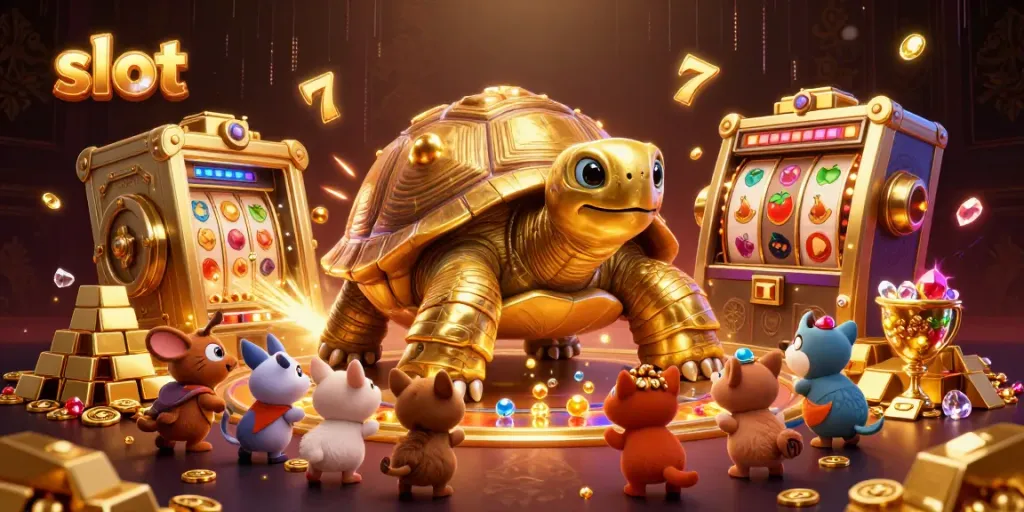 Experience thrilling slot gameplay with golden tortoise and jackpot treasures in this vibrant casino scene.