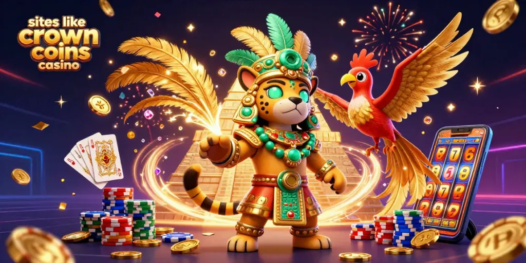Discover exciting games at sites like crown coins casino with vibrant character illustrations and casino elements