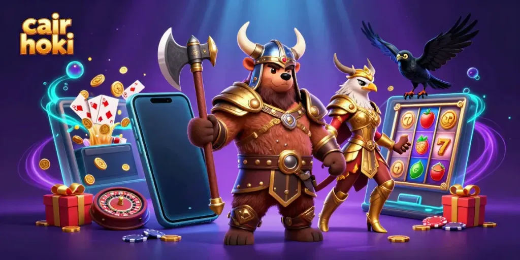 Gambarlah cair hoki dengan karakter Viking, permainan slot, dan efek menarik.