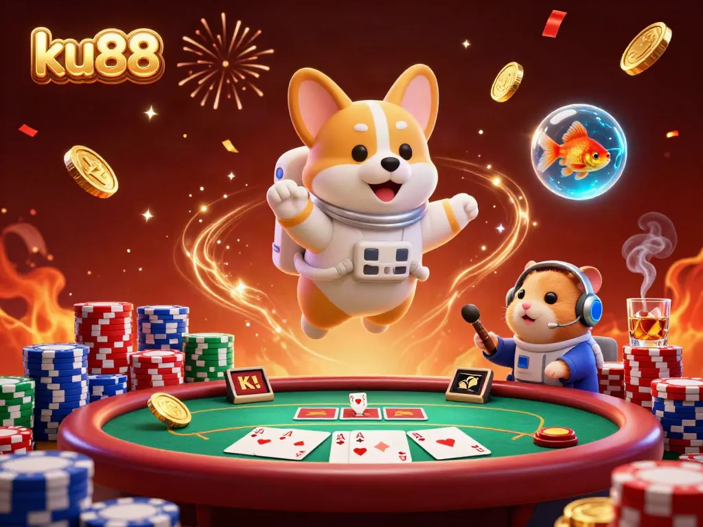 ku88 astronaut corgi floating in a casino space scene with poker chips and confetti bursting around.