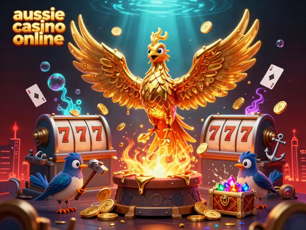 Aussie casino online scene featuring a molten metal phoenix and gold coins in a vibrant casino setting.