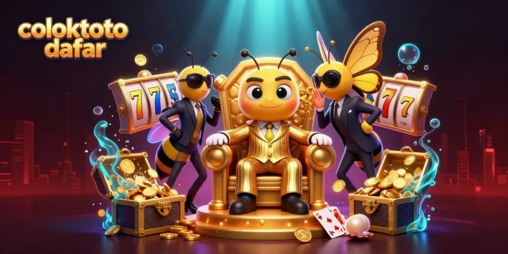 Experience excitement with coloktoto daftar showcasing a slot-themed scene featuring a mob boss bee and golden treasures.