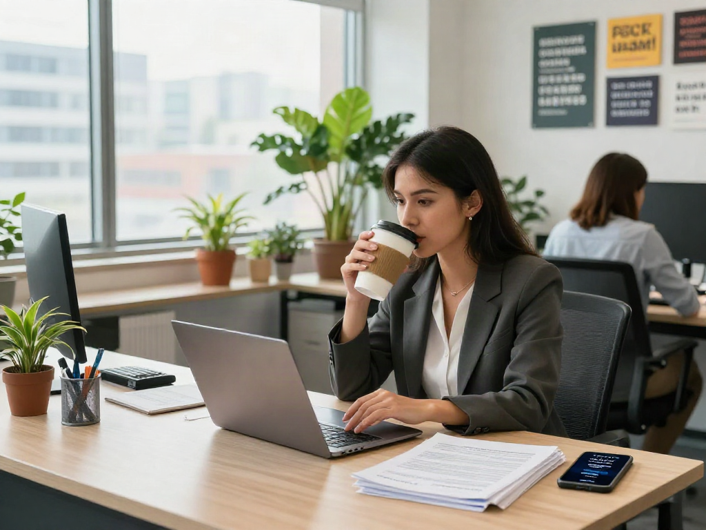 Engaging business scene of a professional woman searching for หางาน at her desk, showcasing a vibrant office atmosphere.