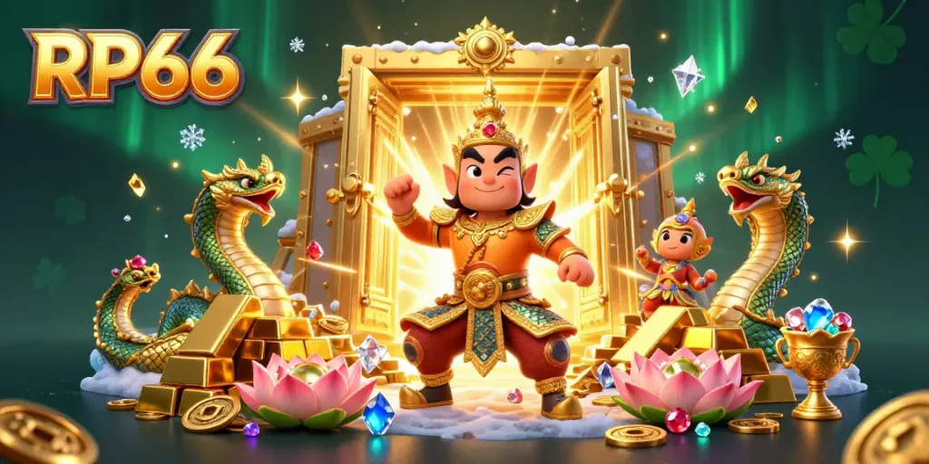 Experience adventure at RP66 with a stunning golden guardian and treasures in a vibrant casino world.