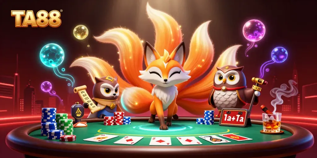 TA88 showcases a vibrant poker scene with a mystical nine-tailed fox and wise owl in an energetic casino illustration.