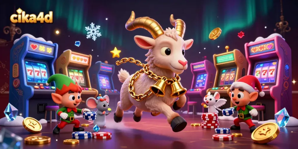 Cika4d promotes fun and excitement in a quirky holiday casino scene with characters and gaming elements.