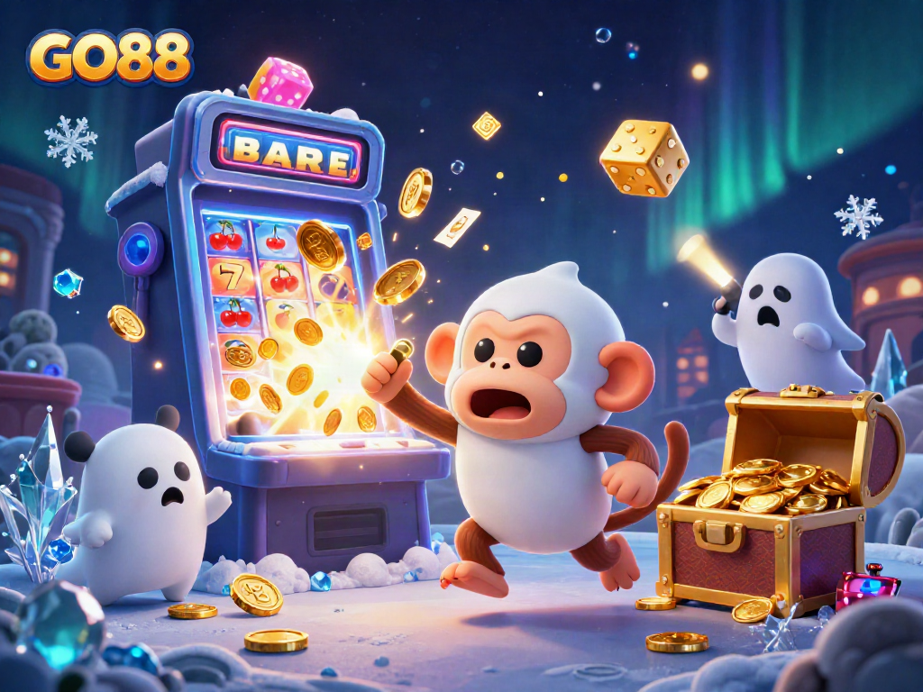 GO88’s mischievous monkey juggles gold while a curious puppy tracks its game in the haunted casino!