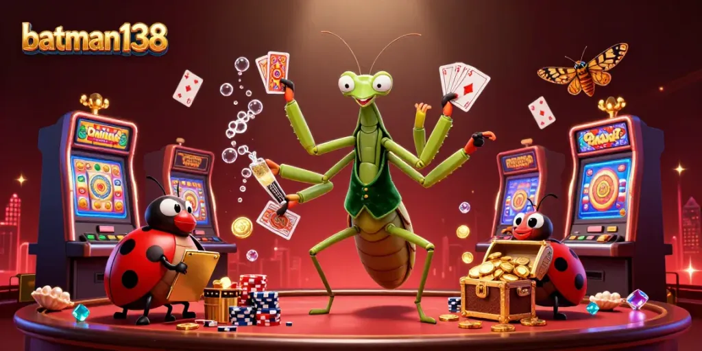 Experience the excitement of batman138 with a vibrant 3D casino scene featuring a mantis card sharp and a ladybug pit boss.