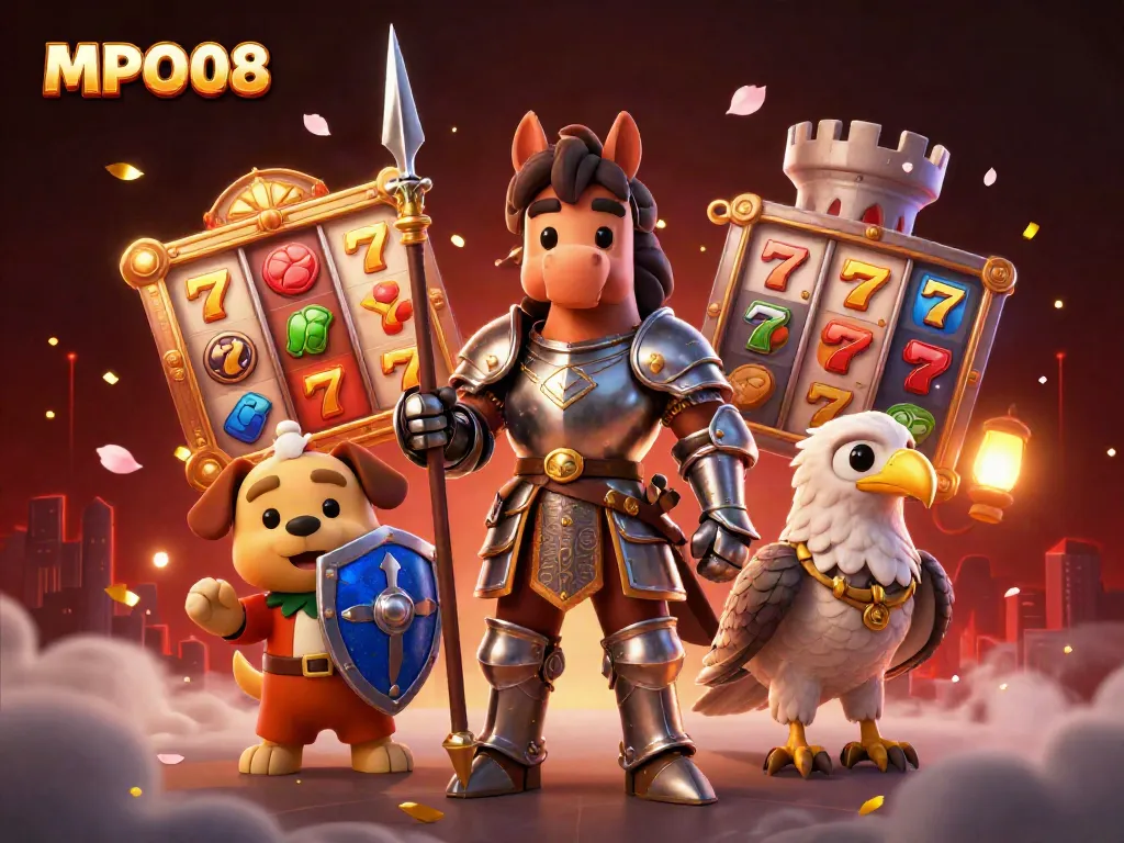 Engage with MPO08 through vibrant slot reels and cheerful characters in this lively gambling scene.