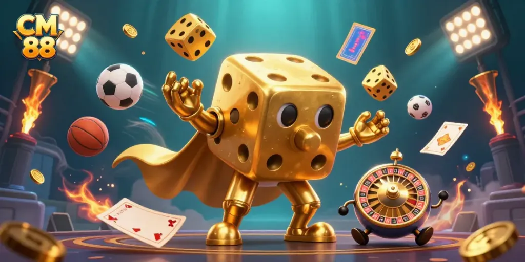 Engage with CM 88's dynamic gambling scene featuring golden dice juggling and sports elements.