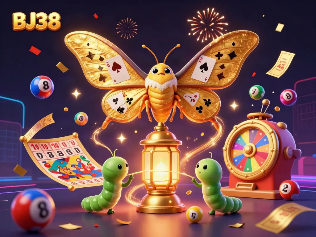 Experience excitement with BJ38's vibrant casino scene featuring a moth and dynamic lottery elements.