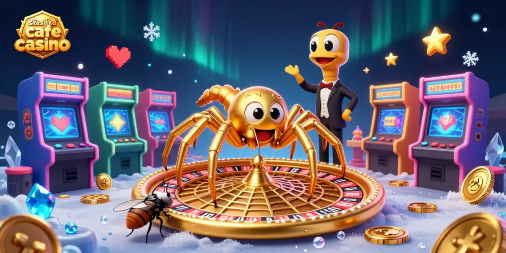 Explore the thrilling world of sites like cafe casino with a vibrant 3D cartoon gambling scene.