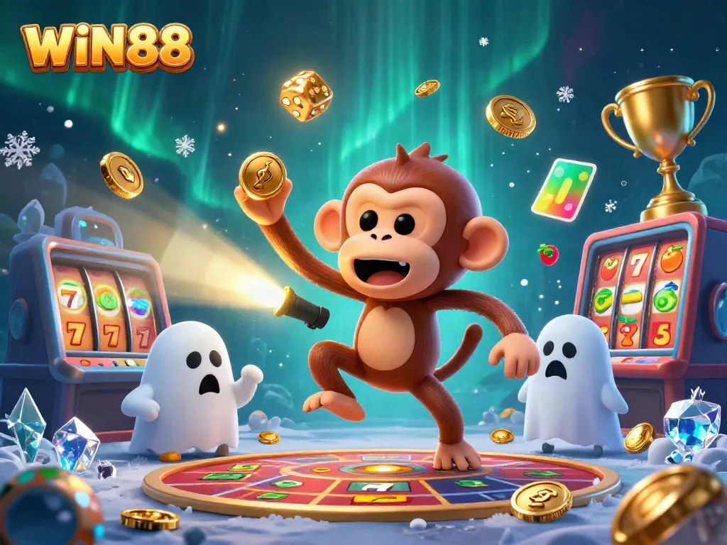 Engage with WIN88's thrilling jackpots in a playful 3D casino scene featuring dynamic games.