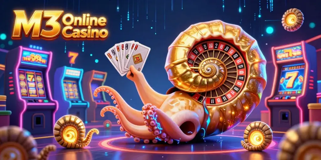 Engage in thrilling gameplay at M3 Online Casino with vibrant 3D imagery of a giant nautilus roulette and glowing arcade machines.