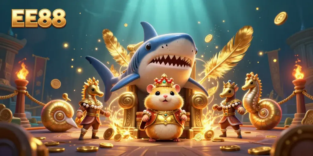 Engage in thrilling casino adventures with EE88's golden hamster king amid dynamic game elements.