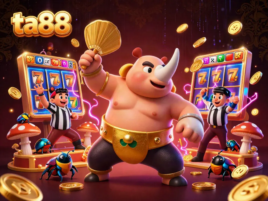 Experience exciting casino action with ta88 as a sumo beetle sends coins flying amidst vibrant slot reels.