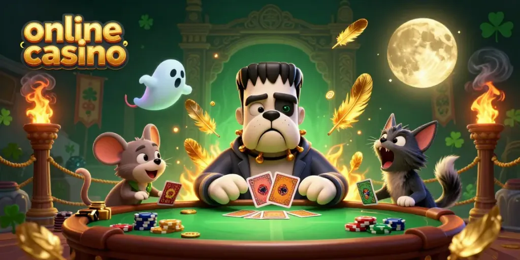 Engage in thrilling card games at an online casino with a cartoon Frankenstein bulldog dealer and spooky ambiance.