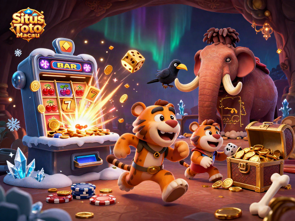 Situs Toto Macau showcases a vibrant 3D casino scene with caveman characters, slot machines, and a crow keeping score.