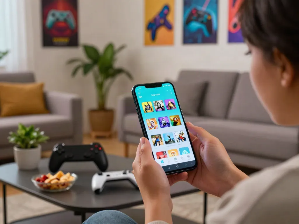 Engaging moment with Yono Arcade app on a smartphone in a cozy gaming setup.