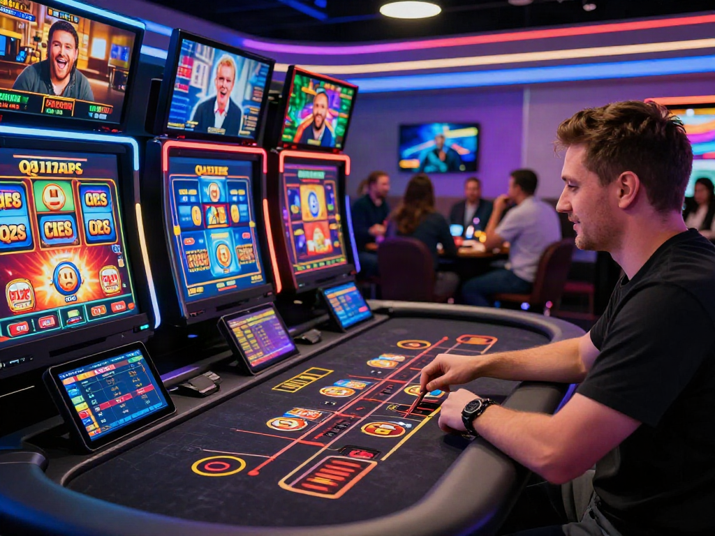 Exciting qris slot gaming scene featuring a live dealer and enthusiastic players in a vibrant online casino setting.
