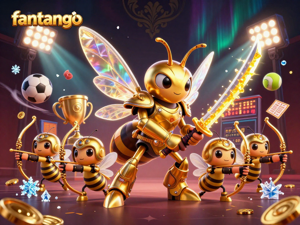 Engage with fan-tango as a golden hornet warrior navigates vibrant gambling elements in an exciting gaming landscape.