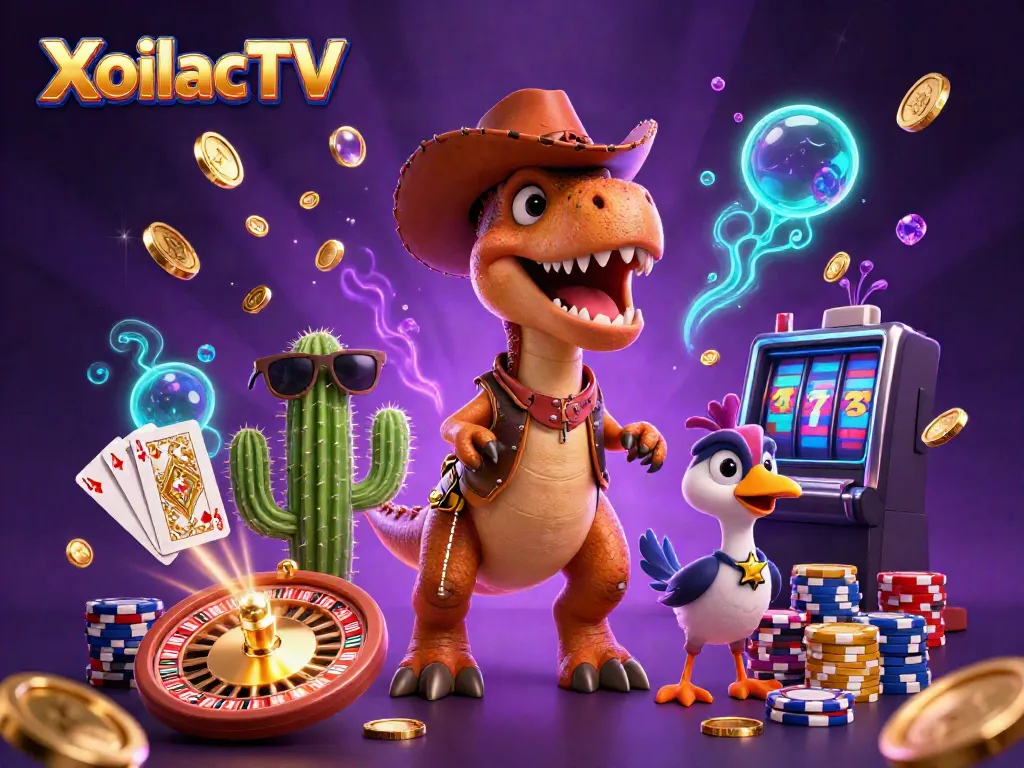 XoilacTV features a thrilling 3D scene of a cartoon dinosaur and friends enjoying dynamic casino games