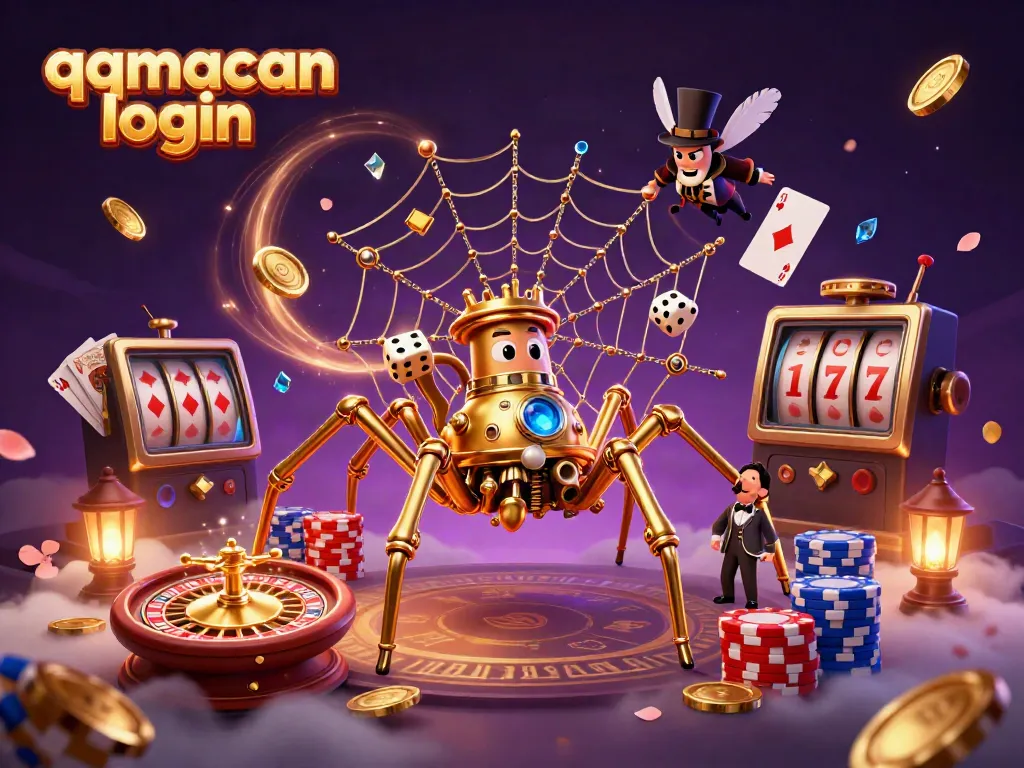 Engage in thrilling gaming with qqmacan login as golden coins cascade and a spinning roulette wheel entices players.