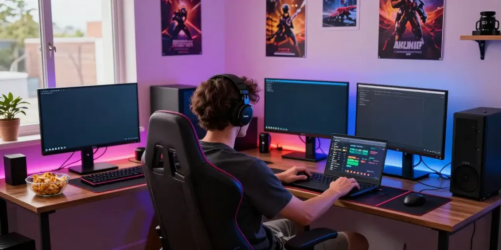 Engaged gamer using the akunjp platform in a vibrant gaming setup.