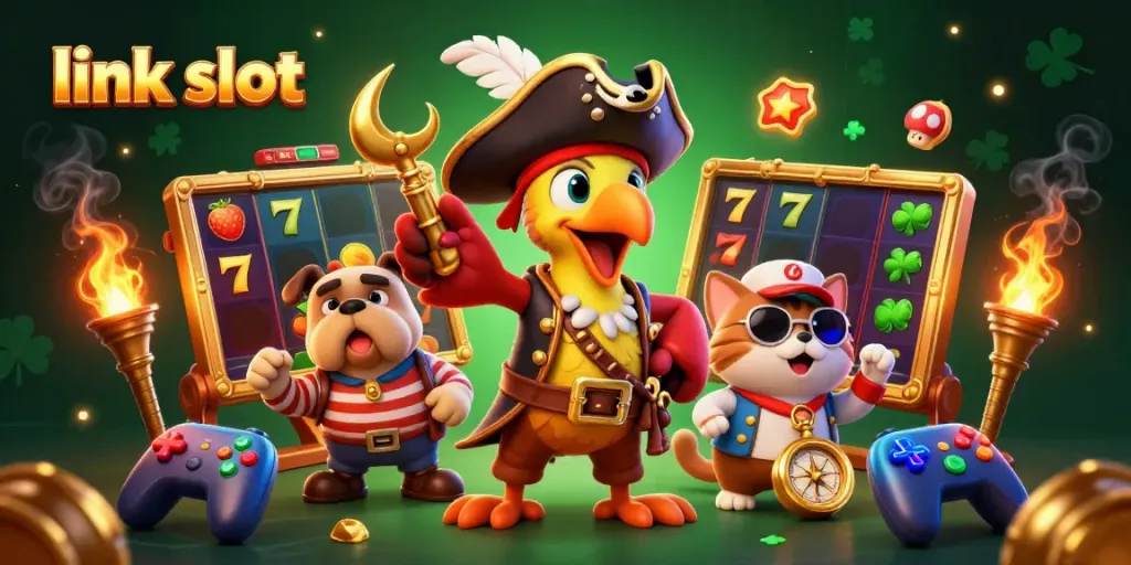 Experience exciting slot action with link slot featuring a vibrant casino scene with a pirate captain, bulldog, and cat amidst winning symbols.