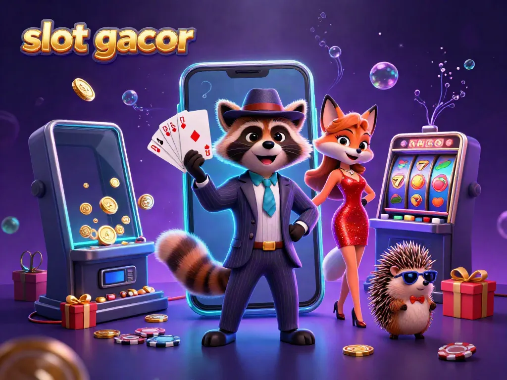 Menggairahkan permainan dengan slot gacor, rakun jantan bergaya memegang royal flush di samping teman rubah cantik.