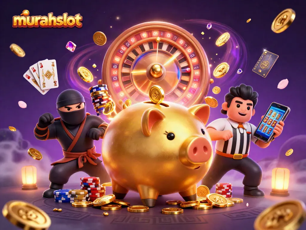 Menangkan jackpot dengan murahslot, ilustrasi kasino 3D yang penuh aksi dan detail menarik.