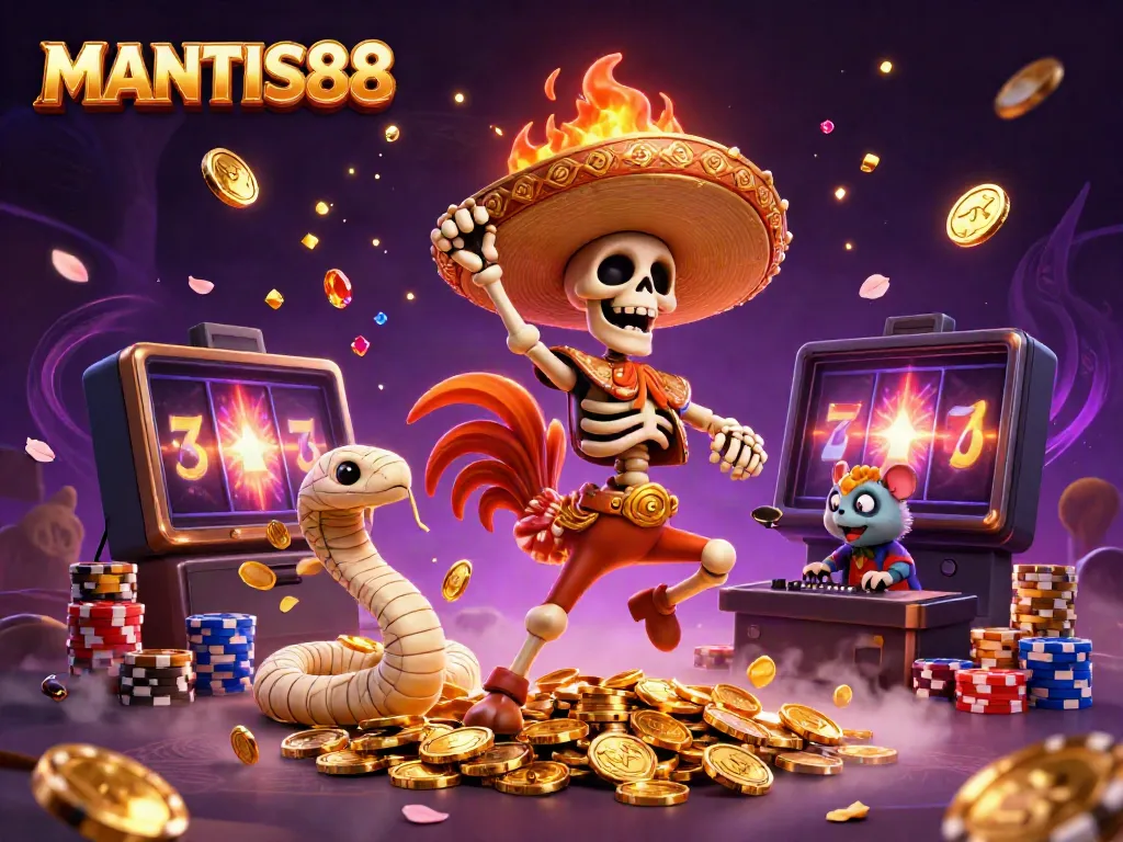 Win big with MANTIS88 in this vibrant casino scene featuring colorful characters and dynamic game elements.