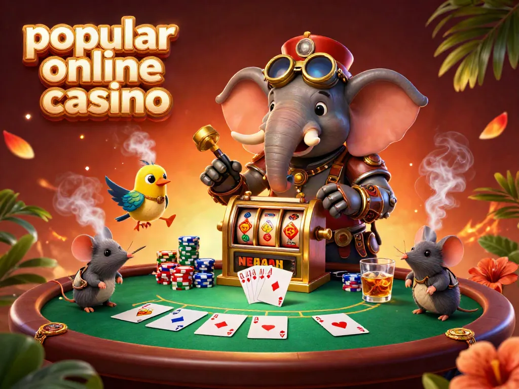 Experience thrilling wins at this popular online casino illustrated with a steampunk elephant and colorful poker elements.
