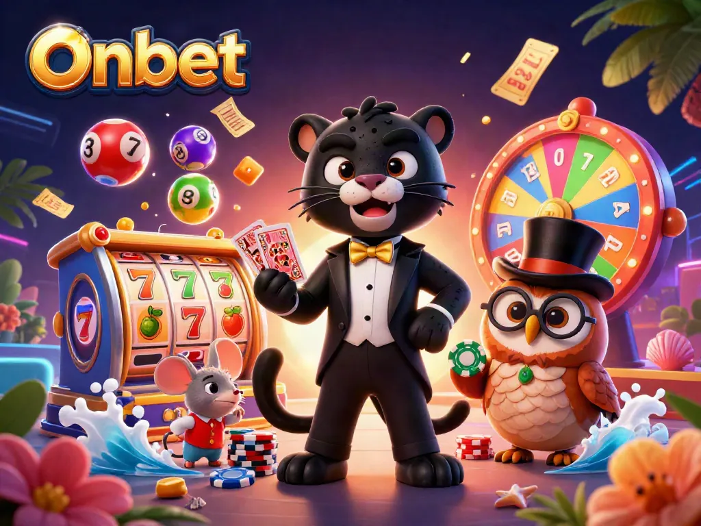 Engage with Onbet's vibrant casino scene featuring characters in action with poker chips and colorful games.