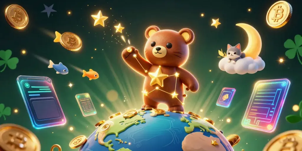 Experience SUNWIN with a constellation bear and crypto elements in a vibrant gambling-themed scene.