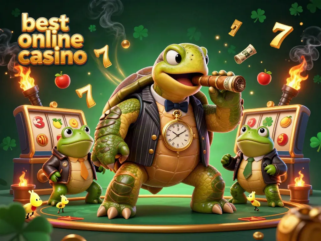 Experience the best online casino vibes with a cartoon turtle mobster and frog enforcers amidst slot reels and jackpots.