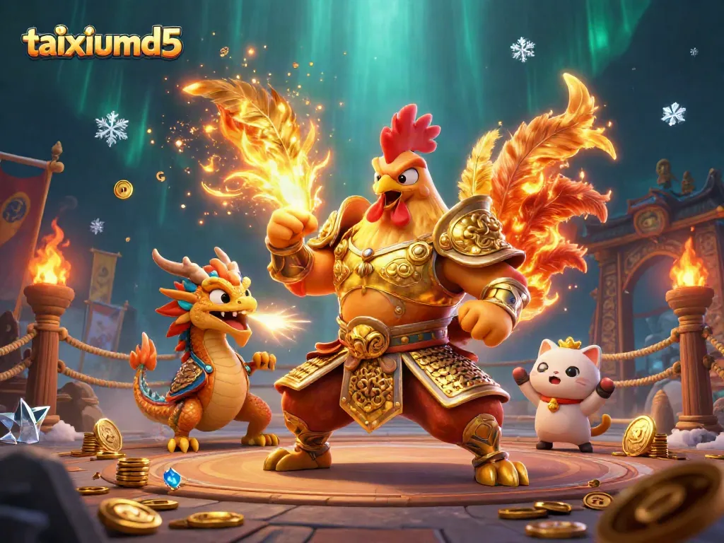 Engage in thrilling battles at taixiumd5 with dynamic illustrations of rooster warriors and dragons.