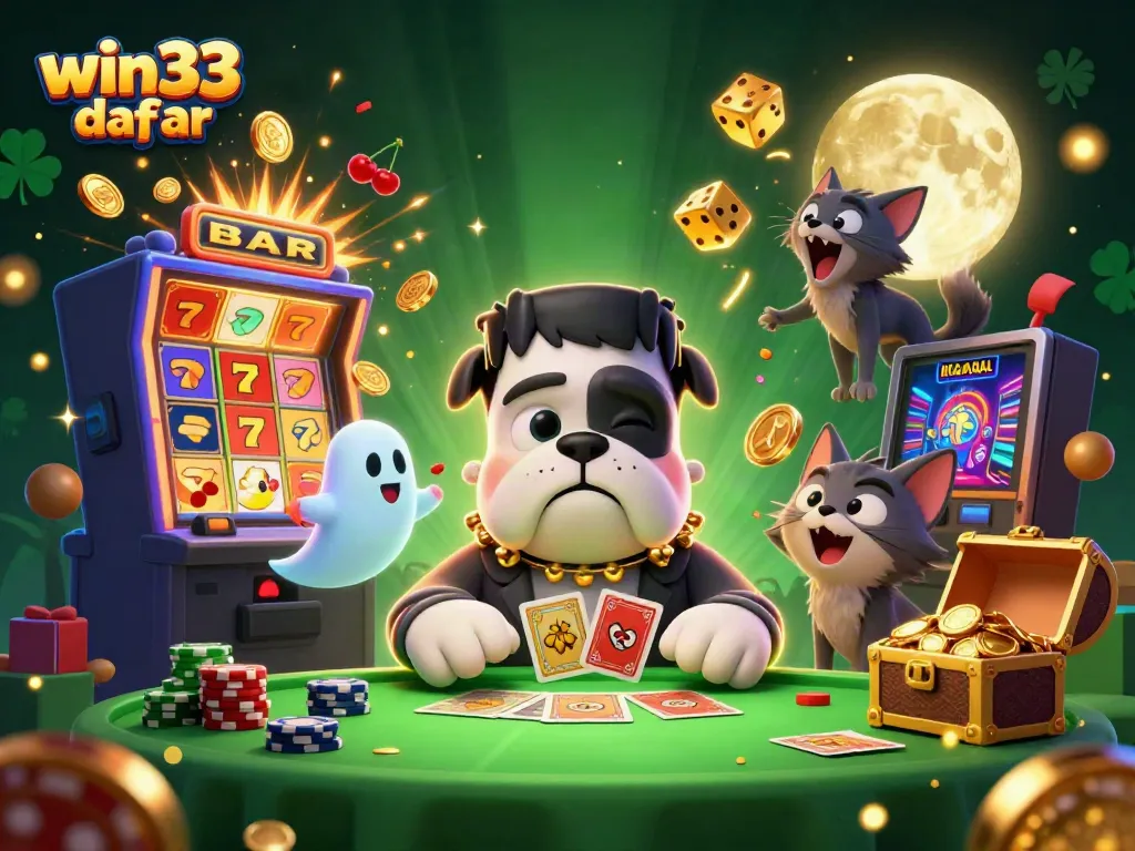 Experience win33 daftar with Frankenstein bulldog dealing cards at a lively casino scene.