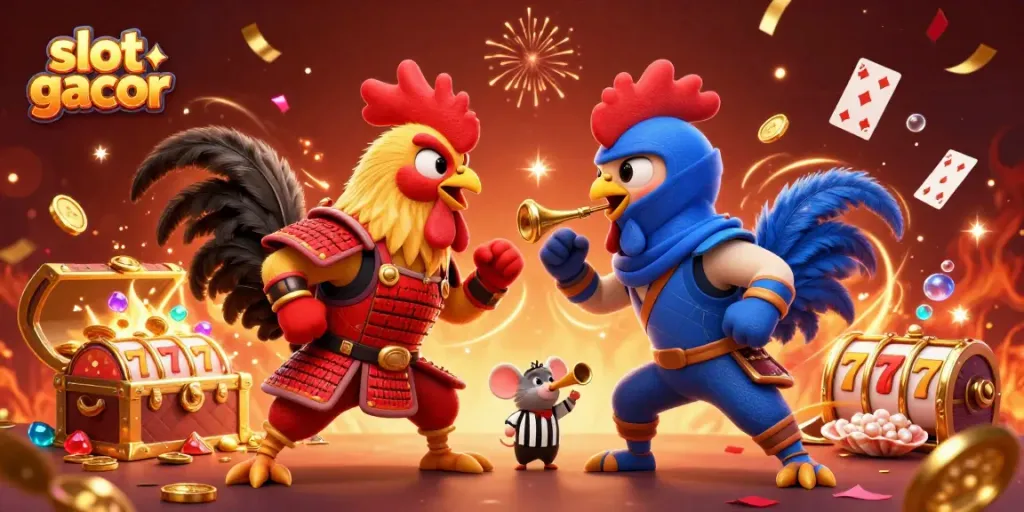 Experience the excitement of slot gacor with fighting roosters and casino game elements in this dynamic scene.