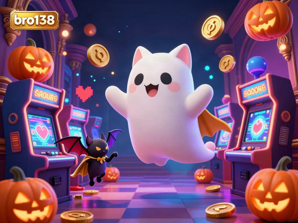 Experience exciting gaming action at bro138 with a playful ghost cat and casino-themed elements.