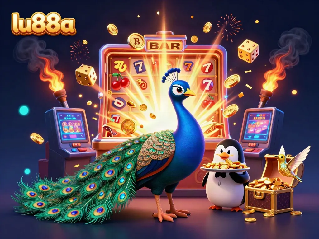 Experience thrilling moments with lu88a's vibrant casino atmosphere featuring a peacock, penguin, and hummingbird.